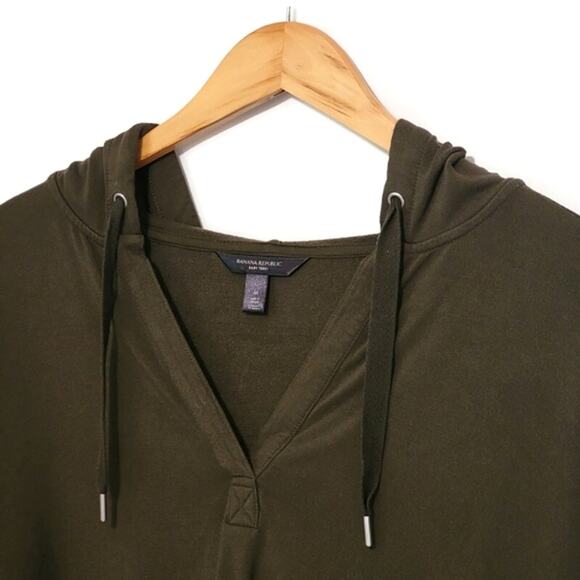 Banana Republic Army Green V Neck Terry Hoodie Pullover Sweatshirt Casual L - Picture 3 of 10